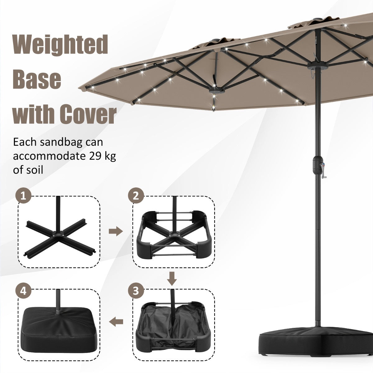 Double-Sided Patio Umbrella 4m With Base, Solar LED, Coffee