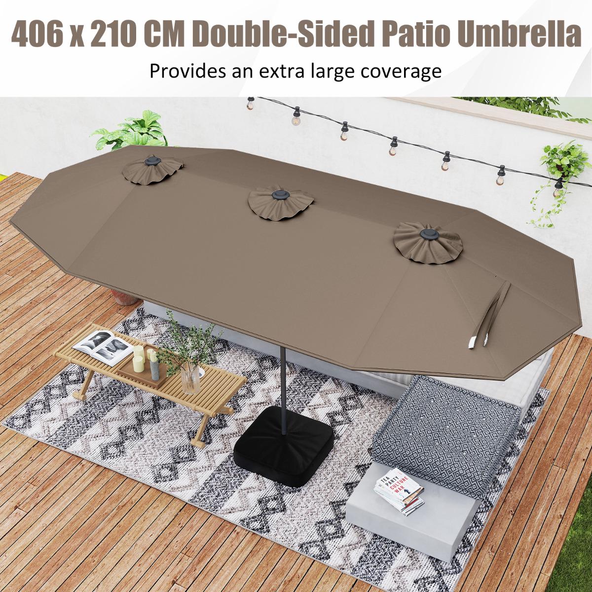 Double-Sided Patio Umbrella 4m With Base, Solar LED, Coffee