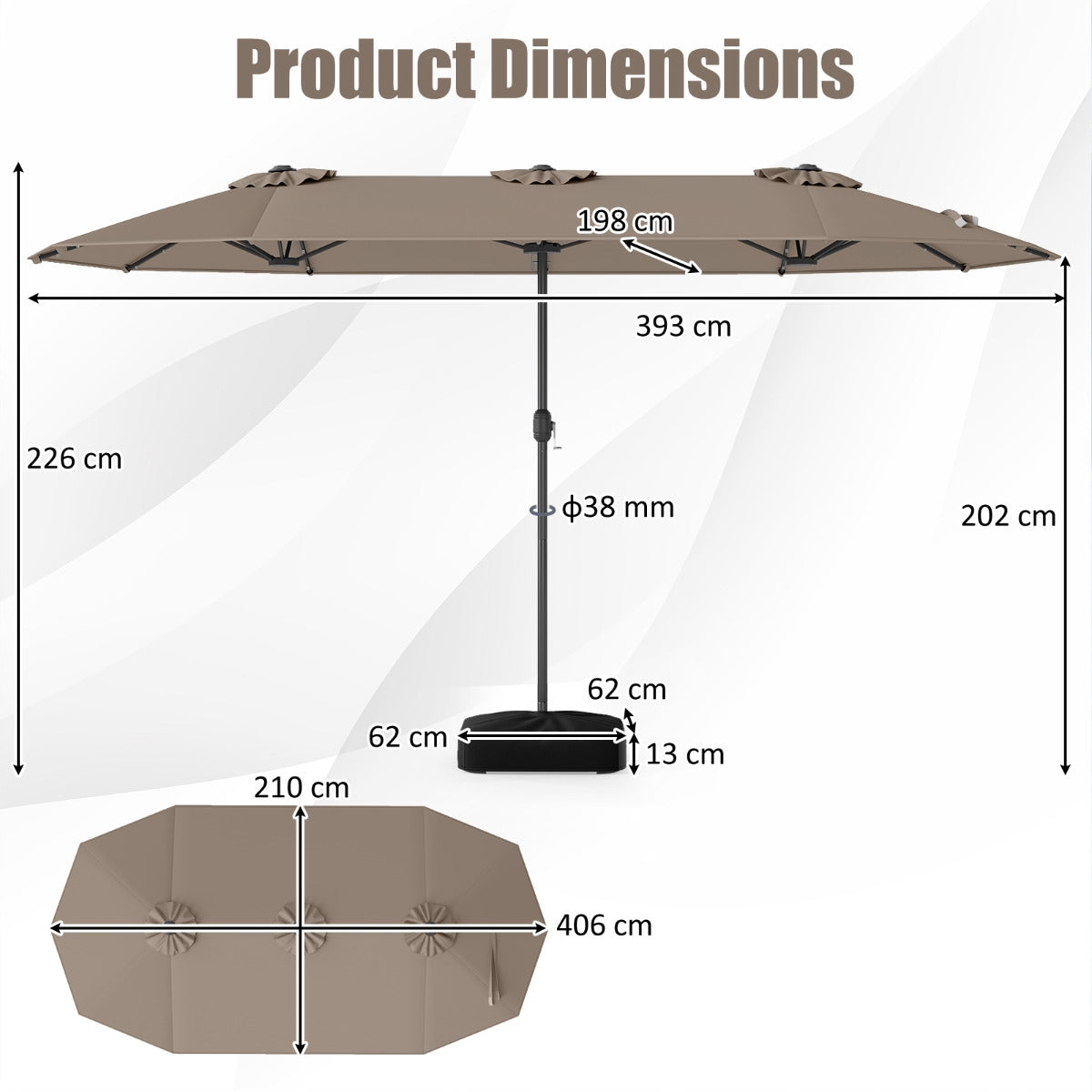 Double-Sided Patio Umbrella 4m With Base, Solar LED, Coffee