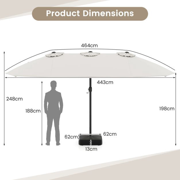 Double-Sided Patio Umbrella with Base, Beige, 464 cm