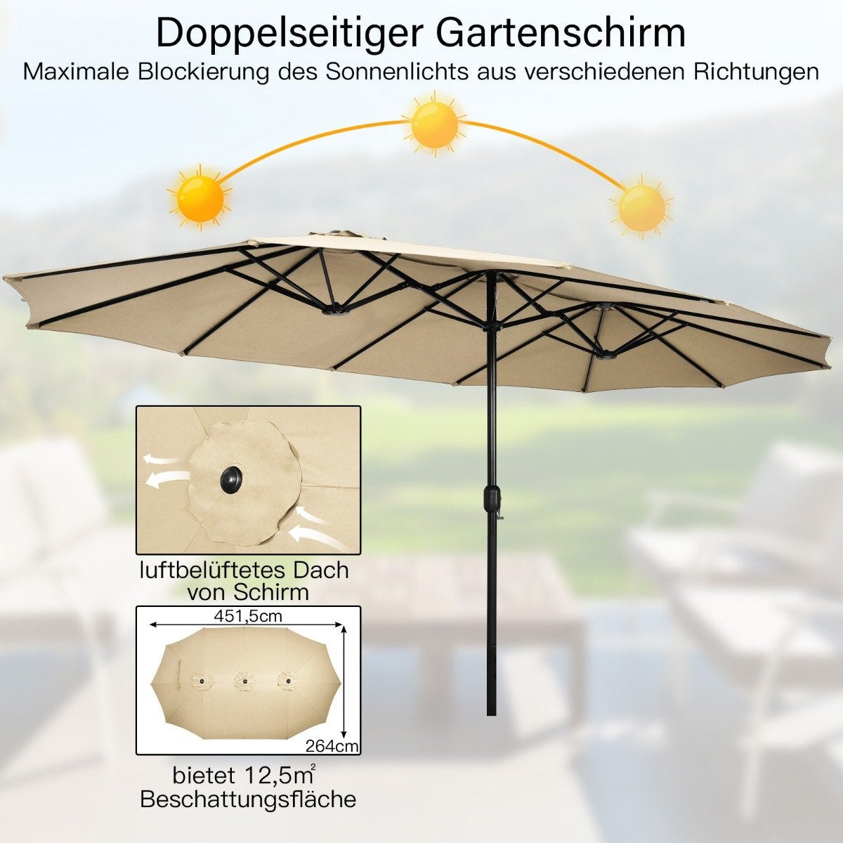 Double-Sided Patio Umbrella with Stand, Crank, UPF 50+