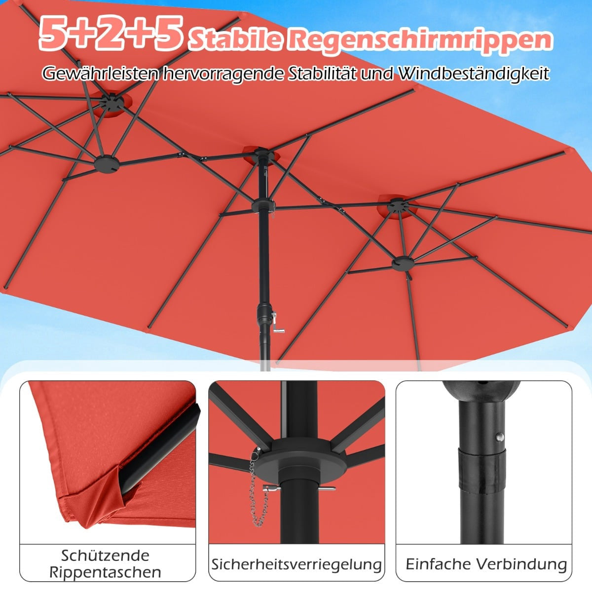 Double-Sided Patio Umbrella with Stand, UPF 50+, Orange