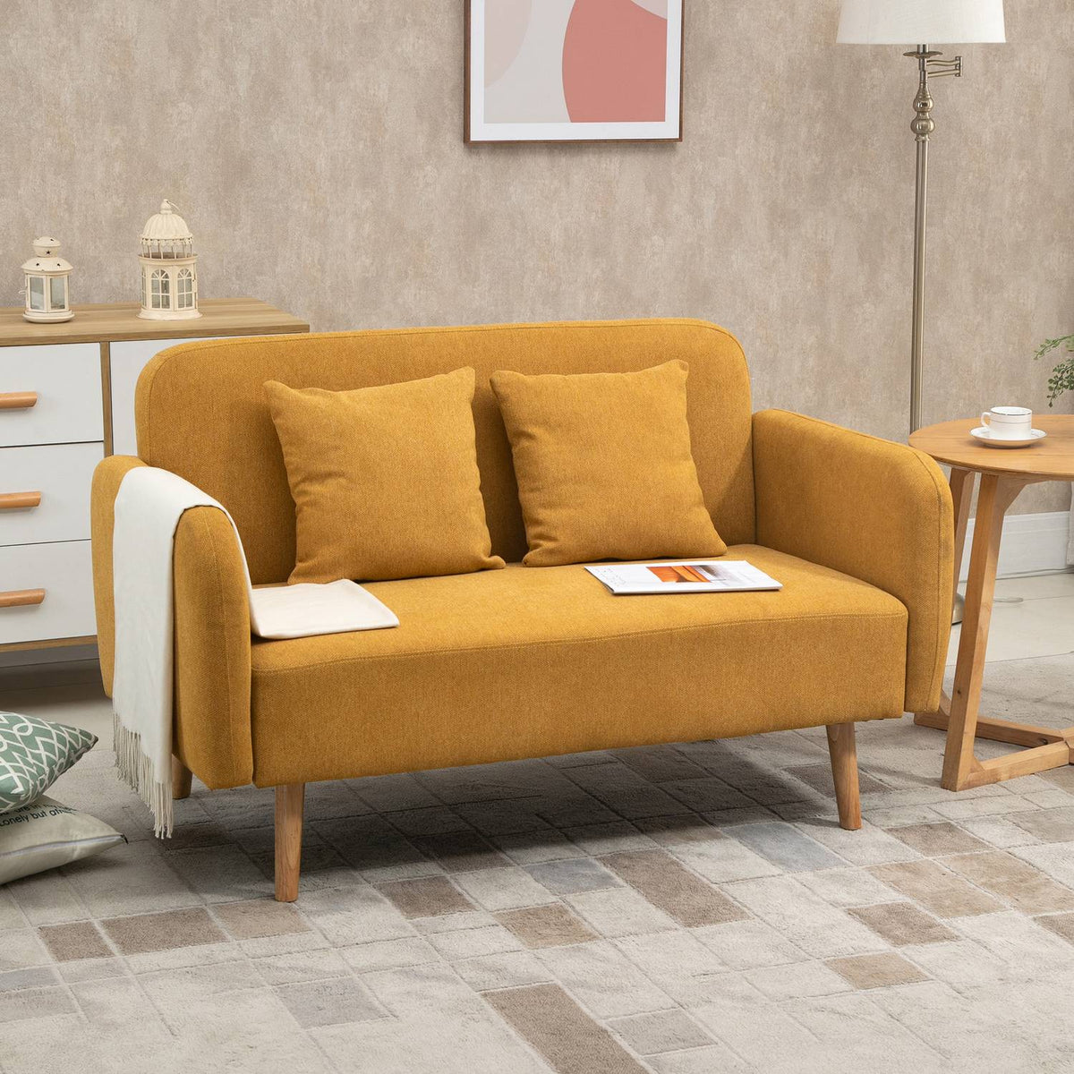Double Sofa Loveseat With Cushion, Adjustable Footrests, Velvety Polyester, Foam, Compact Design, 2 Seater, Natural+Yellow