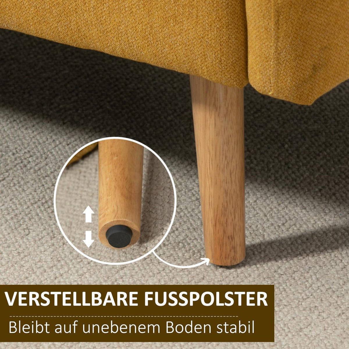 Double Sofa Loveseat With Cushion, Adjustable Footrests, Velvety Polyester, Foam, Compact Design, 2 Seater, Natural+Yellow