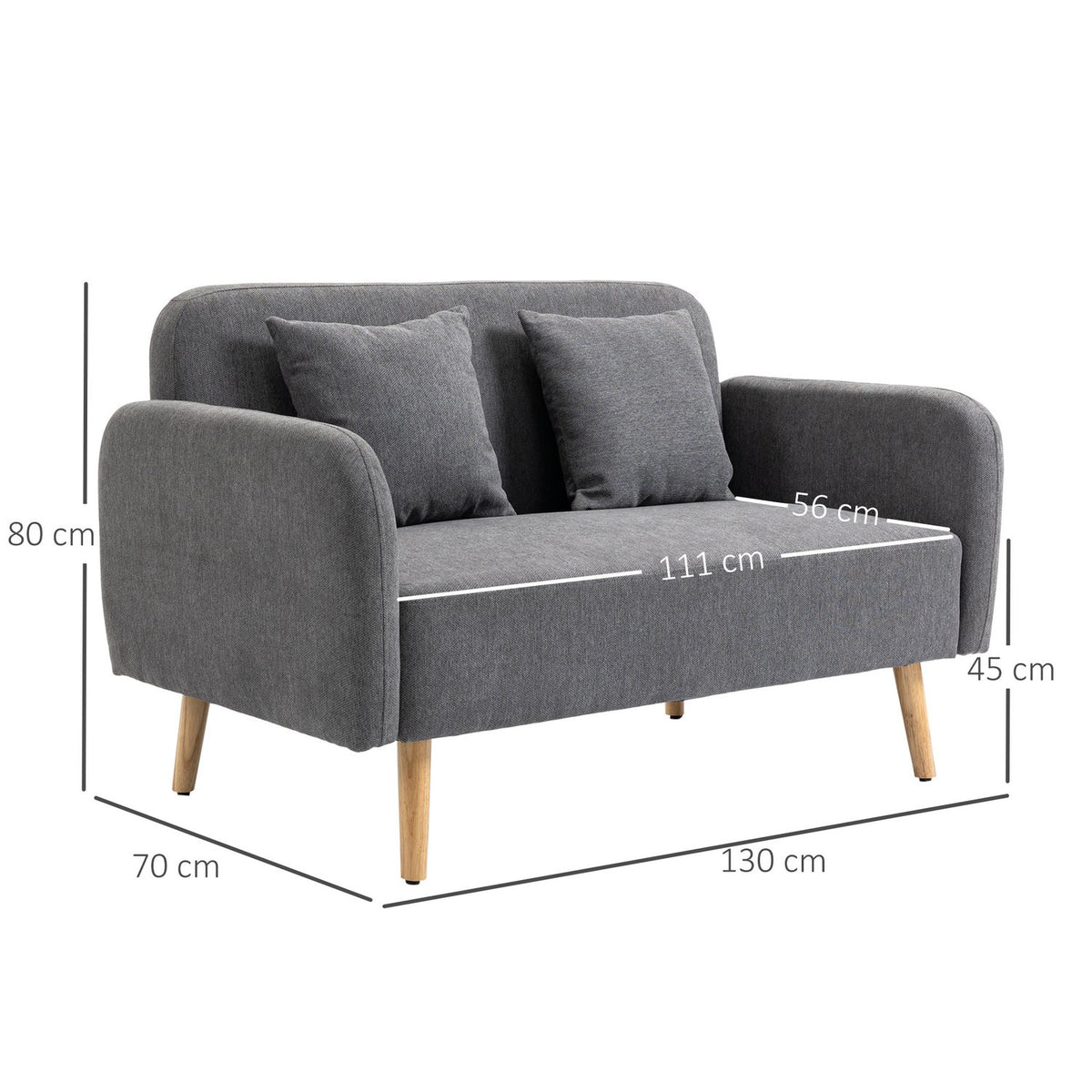 Double Sofa Loveseat With Cushion, Adjustable Footrests, Velvety Polyester, Rubberwood, Foam, 2 Seater, Fabric Cover
