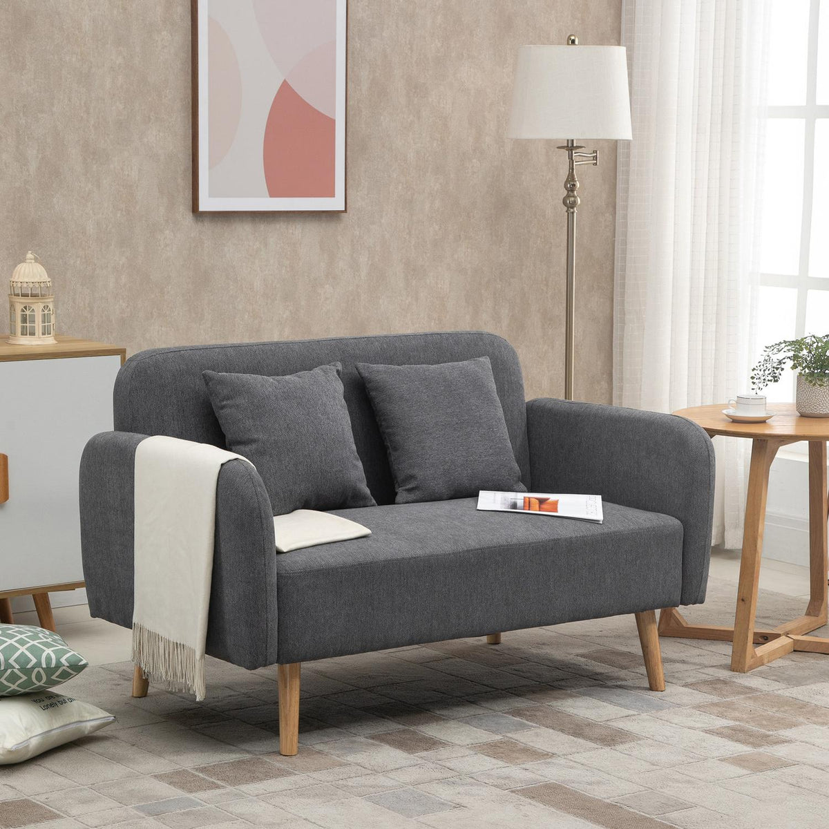 Double Sofa Loveseat With Cushion, Adjustable Footrests, Velvety Polyester, Rubberwood, Foam, 2 Seater, Fabric Cover