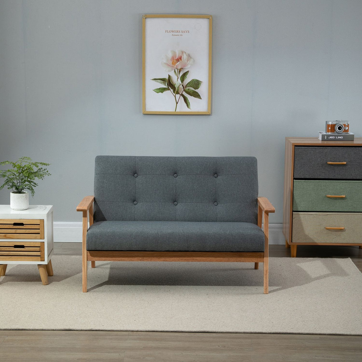 Double Sofa Upholstery Loveseat, Compact Design, Two Seater, Fabric Sofa, 2 Seater, Linen & Rubberwood, Gray, 115X66.5X73Cm