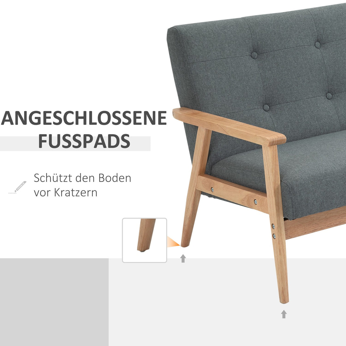 Double Sofa Upholstery Loveseat, Compact Design, Two Seater, Fabric Sofa, 2 Seater, Linen & Rubberwood, Gray, 115X66.5X73Cm