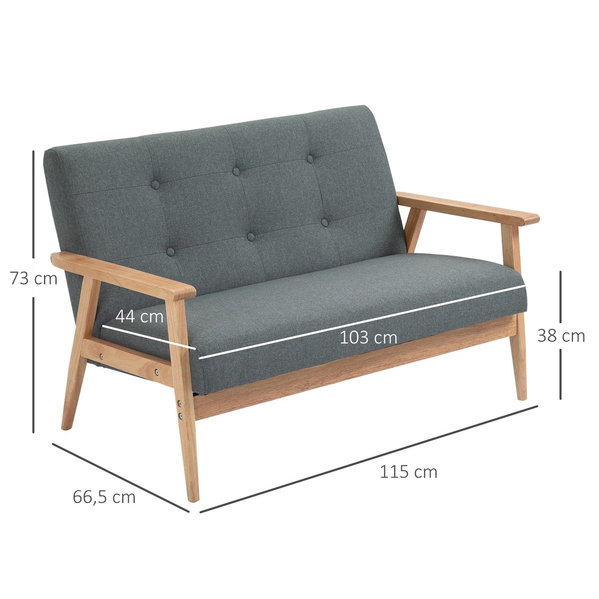 Double Sofa Upholstery Loveseat, Compact Design, Two Seater, Fabric Sofa, 2 Seater, Linen & Rubberwood, Gray, 115X66.5X73Cm