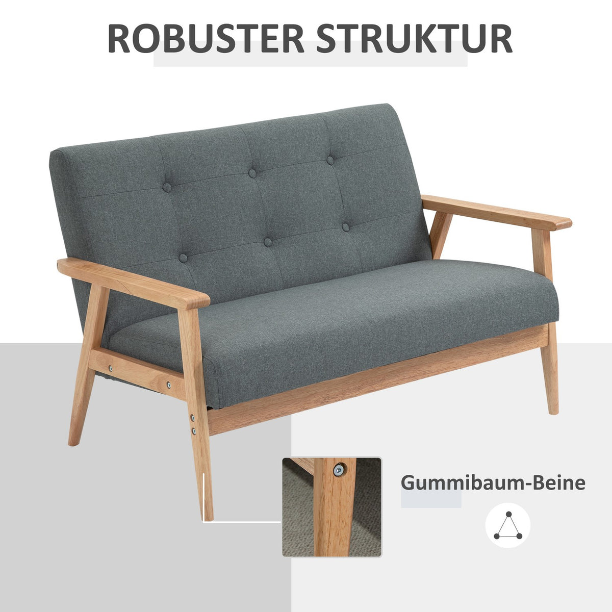 Double Sofa Upholstery Loveseat, Compact Design, Two Seater, Fabric Sofa, 2 Seater, Linen & Rubberwood, Gray, 115X66.5X73Cm