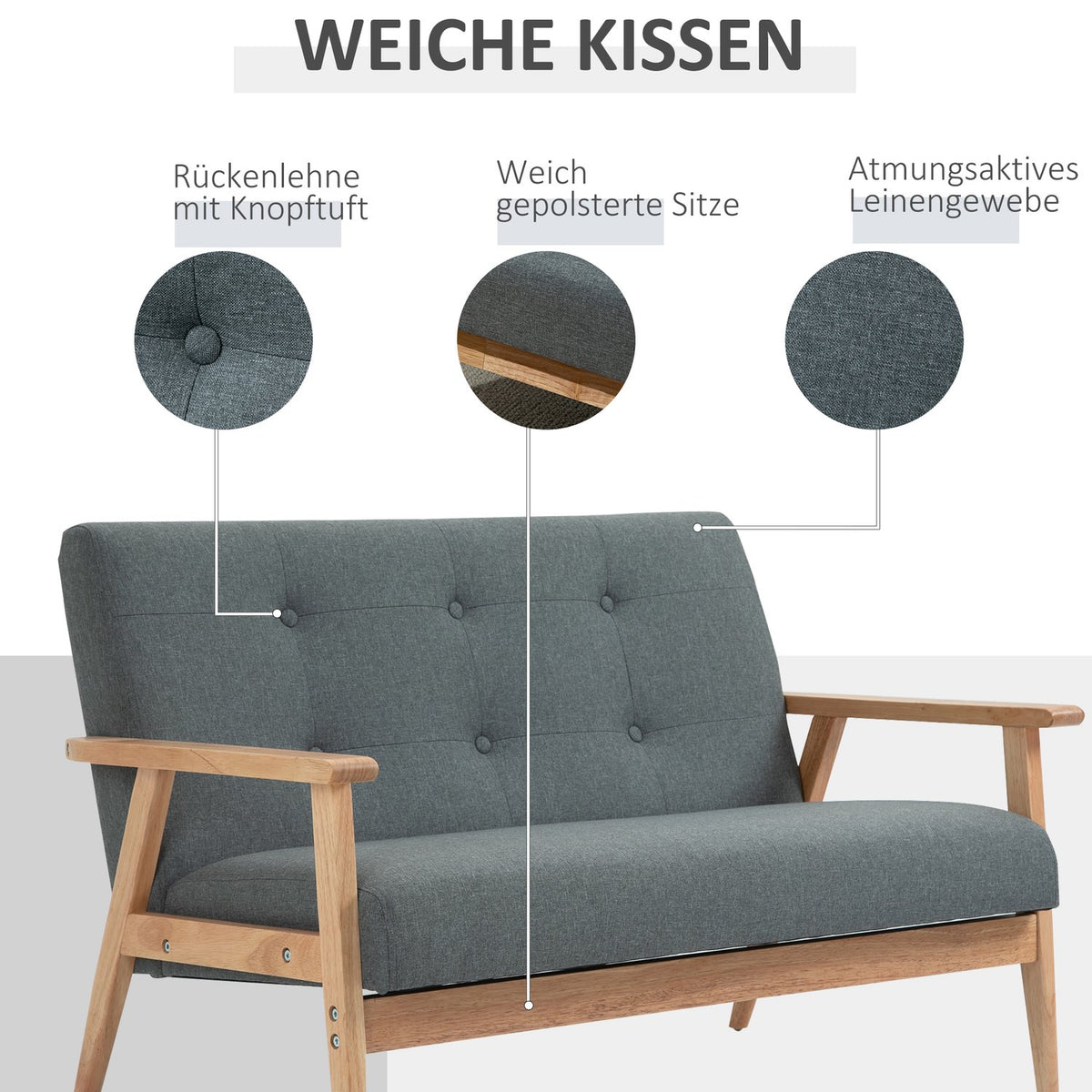 Double Sofa Upholstery Loveseat, Compact Design, Two Seater, Fabric Sofa, 2 Seater, Linen & Rubberwood, Gray, 115X66.5X73Cm