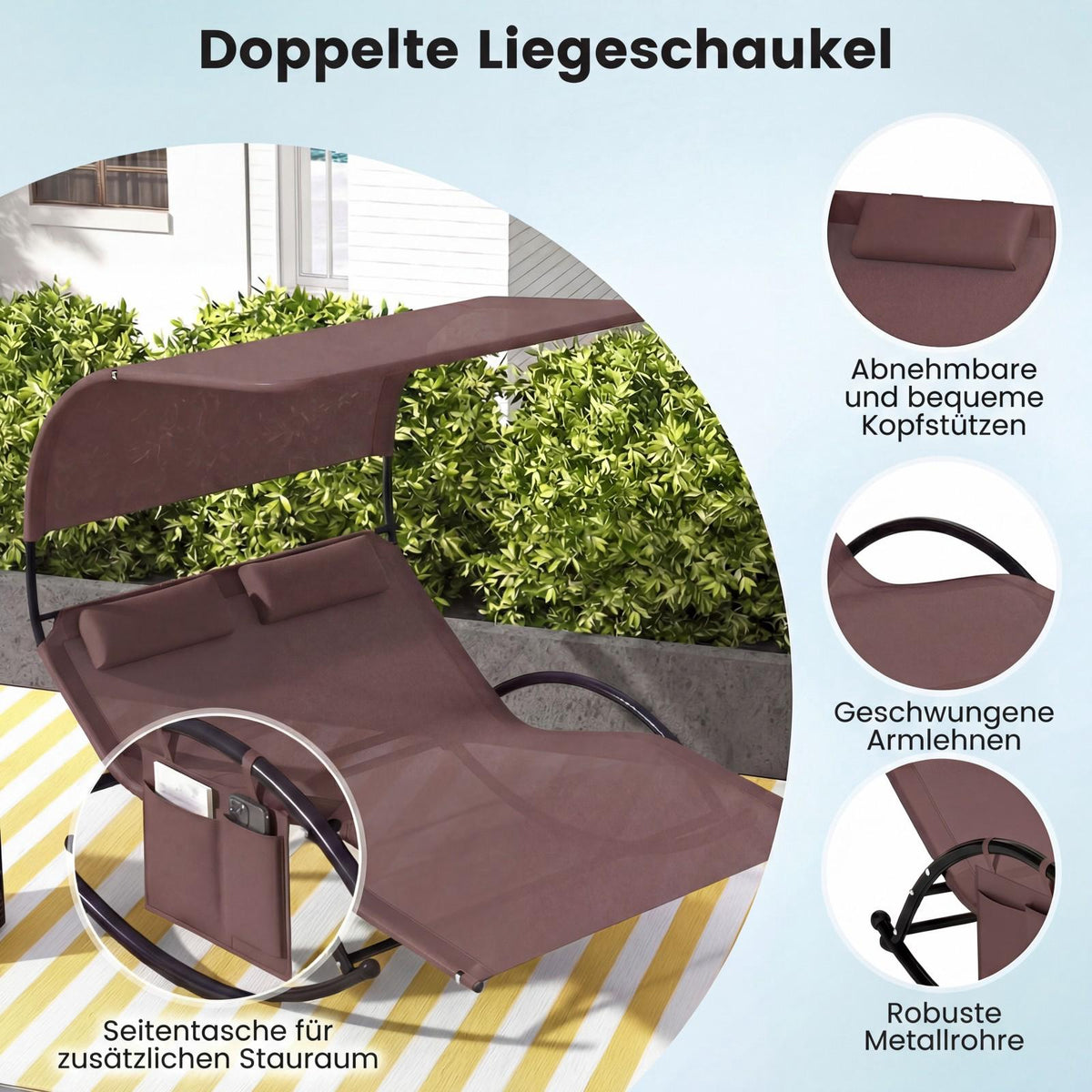 Double Swing Sun Lounger With Canopy, Side Pocket, 2 Headrests