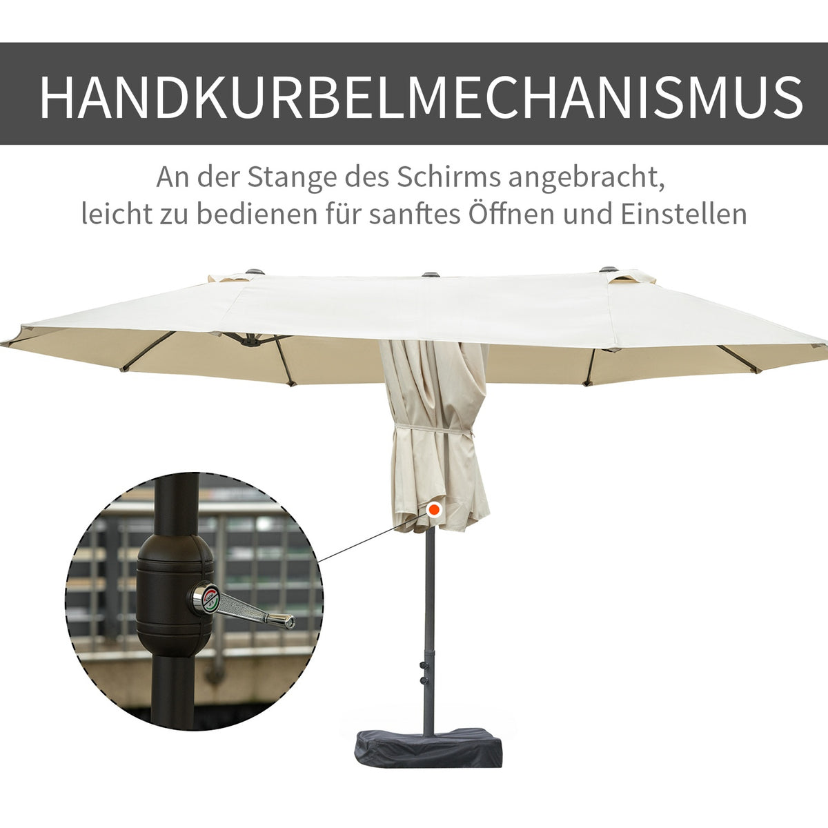 Double Umbrella Oval Hand Crank Cream White 460X270X240Cm Stand