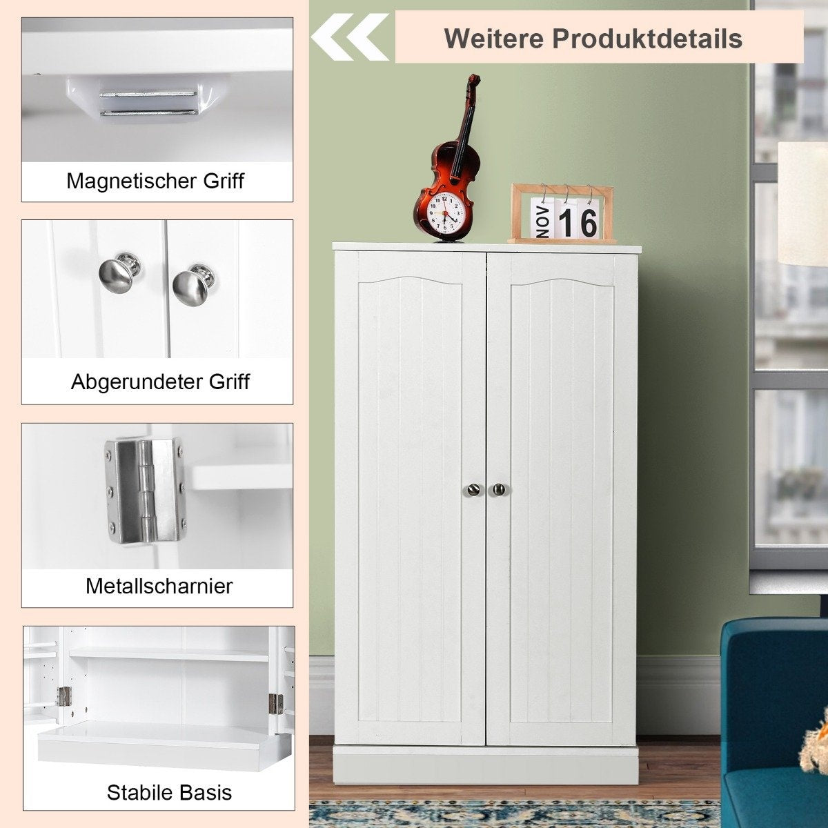Double-door storage cabinet with 6 adjustable shelves 59 x 30.5 x 103.5 cm White