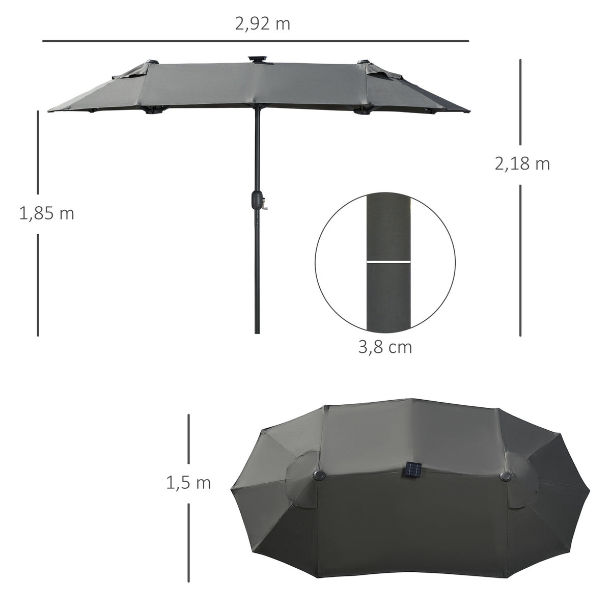 Double parasol, 295 x 219cm, parasol with LED, oval, garden parasol, windproof, stable, market parasol with adjustable tilt angle for terrace, pool, polyester, steel, dark gray |