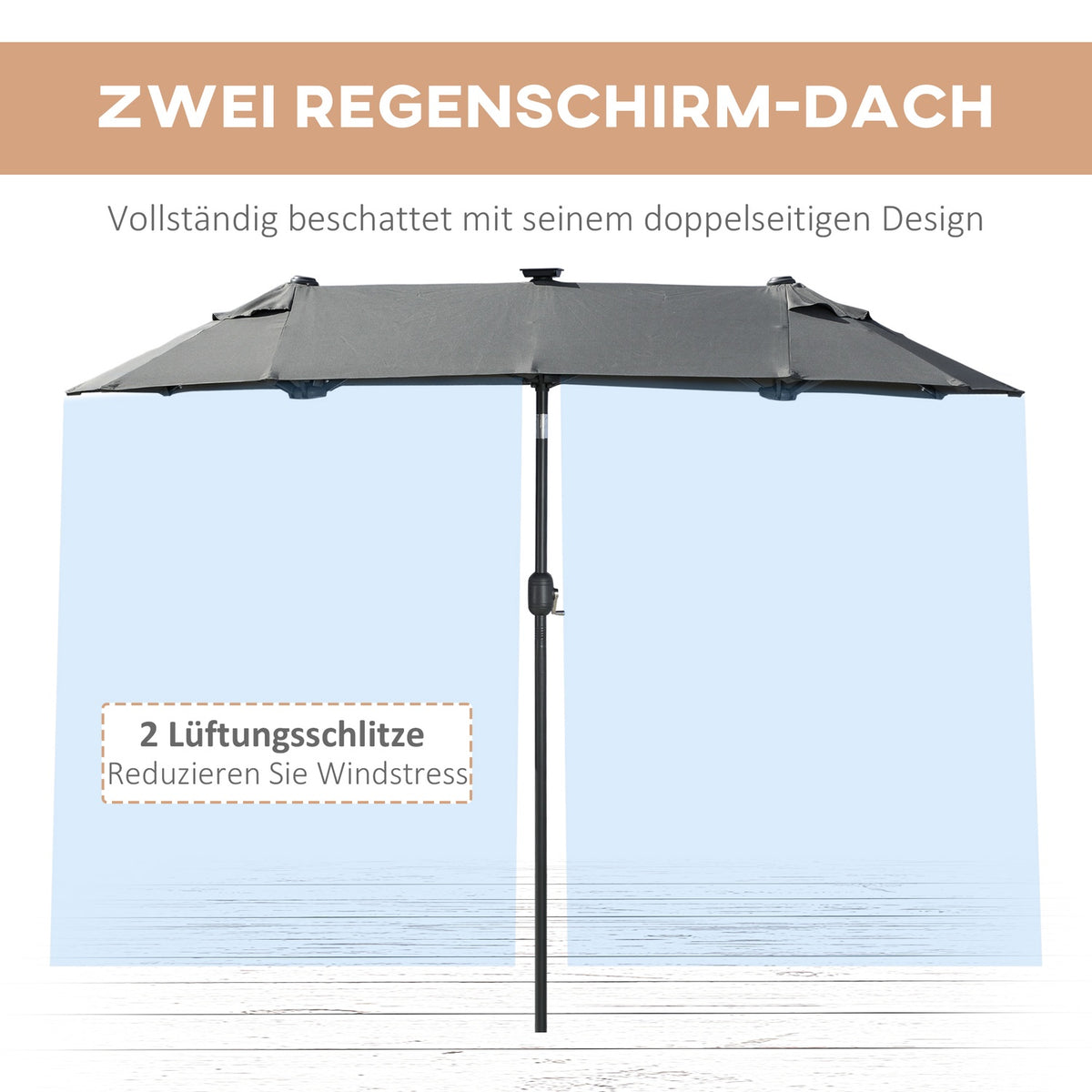 Double parasol, 295 x 219cm, parasol with LED, oval, garden parasol, windproof, stable, market parasol with adjustable tilt angle for terrace, pool, polyester, steel, dark gray |