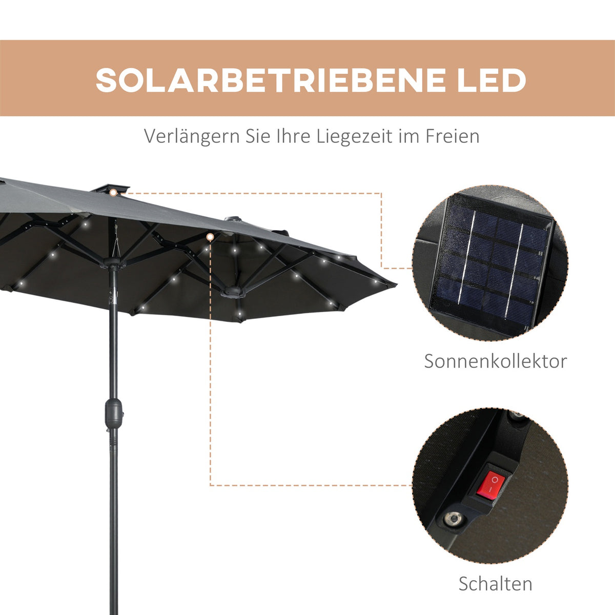 Double parasol, 295 x 219cm, parasol with LED, oval, garden parasol, windproof, stable, market parasol with adjustable tilt angle for terrace, pool, polyester, steel, dark gray |