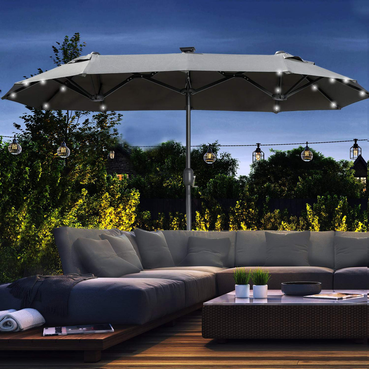 Double parasol, 295 x 219cm, parasol with LED, oval, garden parasol, windproof, stable, market parasol with adjustable tilt angle for terrace, pool, polyester, steel, dark gray |