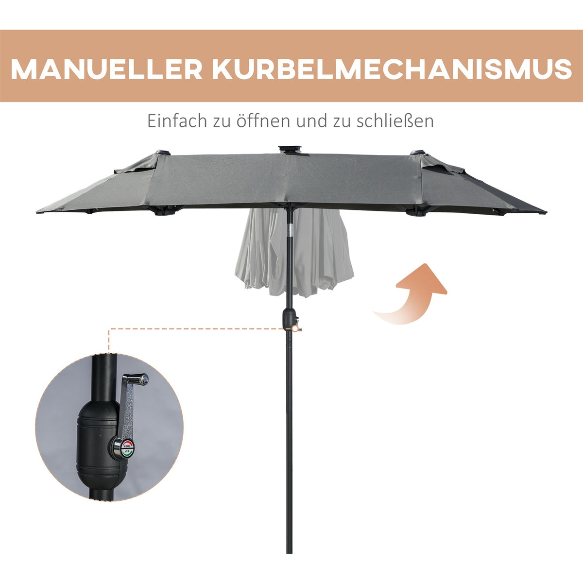 Double parasol, 295 x 219cm, parasol with LED, oval, garden parasol, windproof, stable, market parasol with adjustable tilt angle for terrace, pool, polyester, steel, dark gray |