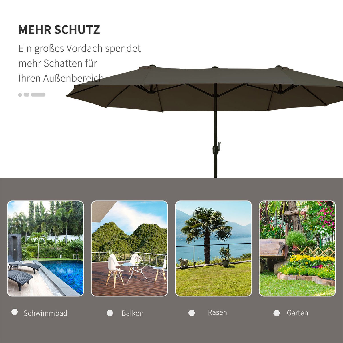 Double parasol garden umbrella with hand crank, grey, oval, 460 x 270 x 240 cm