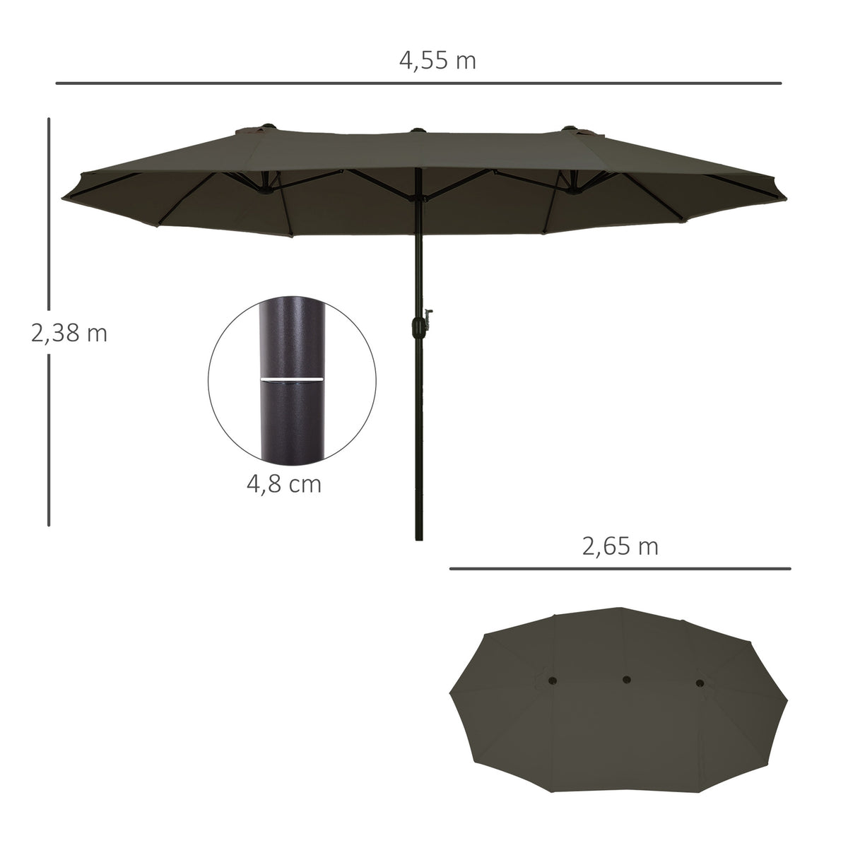 Double parasol garden umbrella with hand crank, grey, oval, 460 x 270 x 240 cm