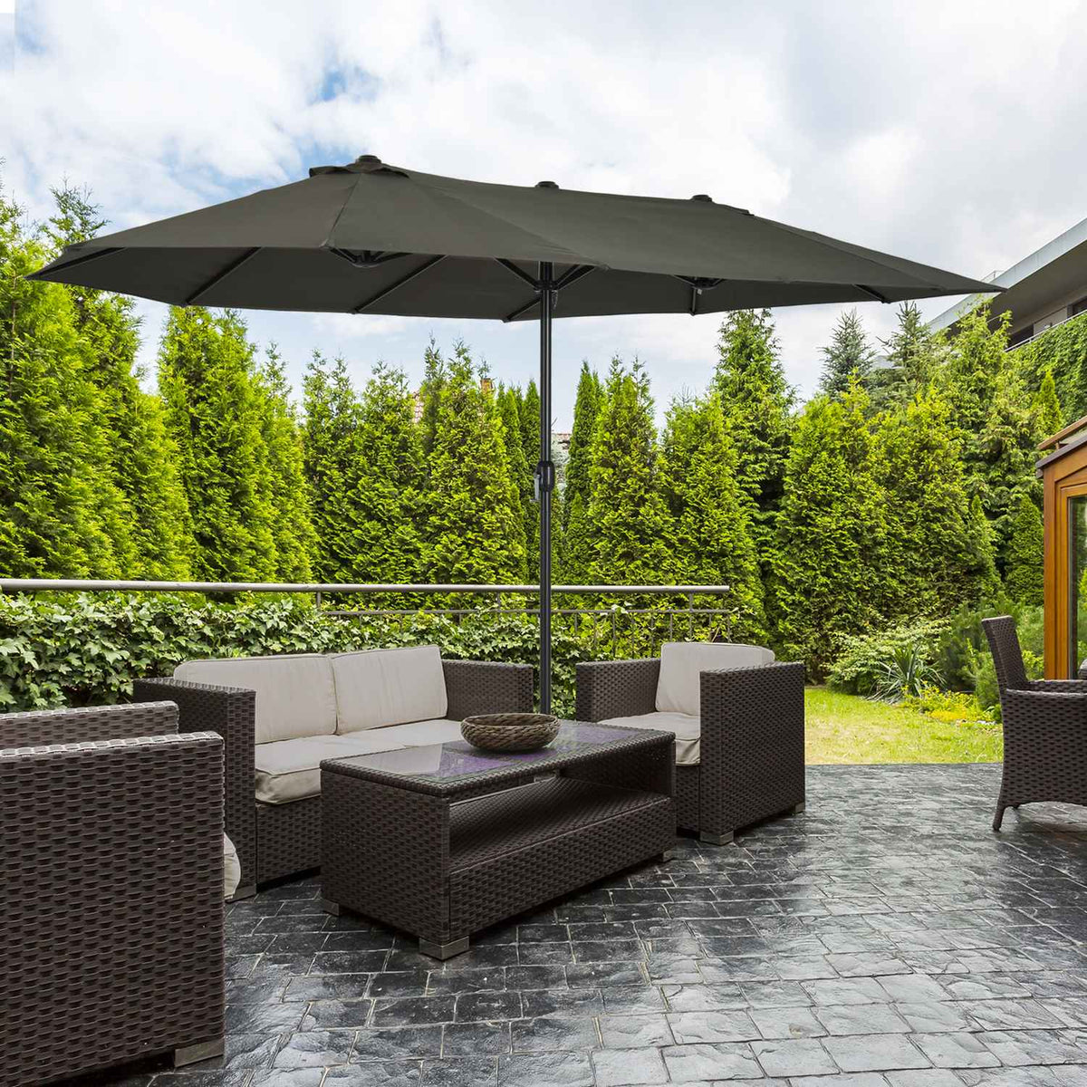 Double parasol garden umbrella with hand crank, grey, oval, 460 x 270 x 240 cm