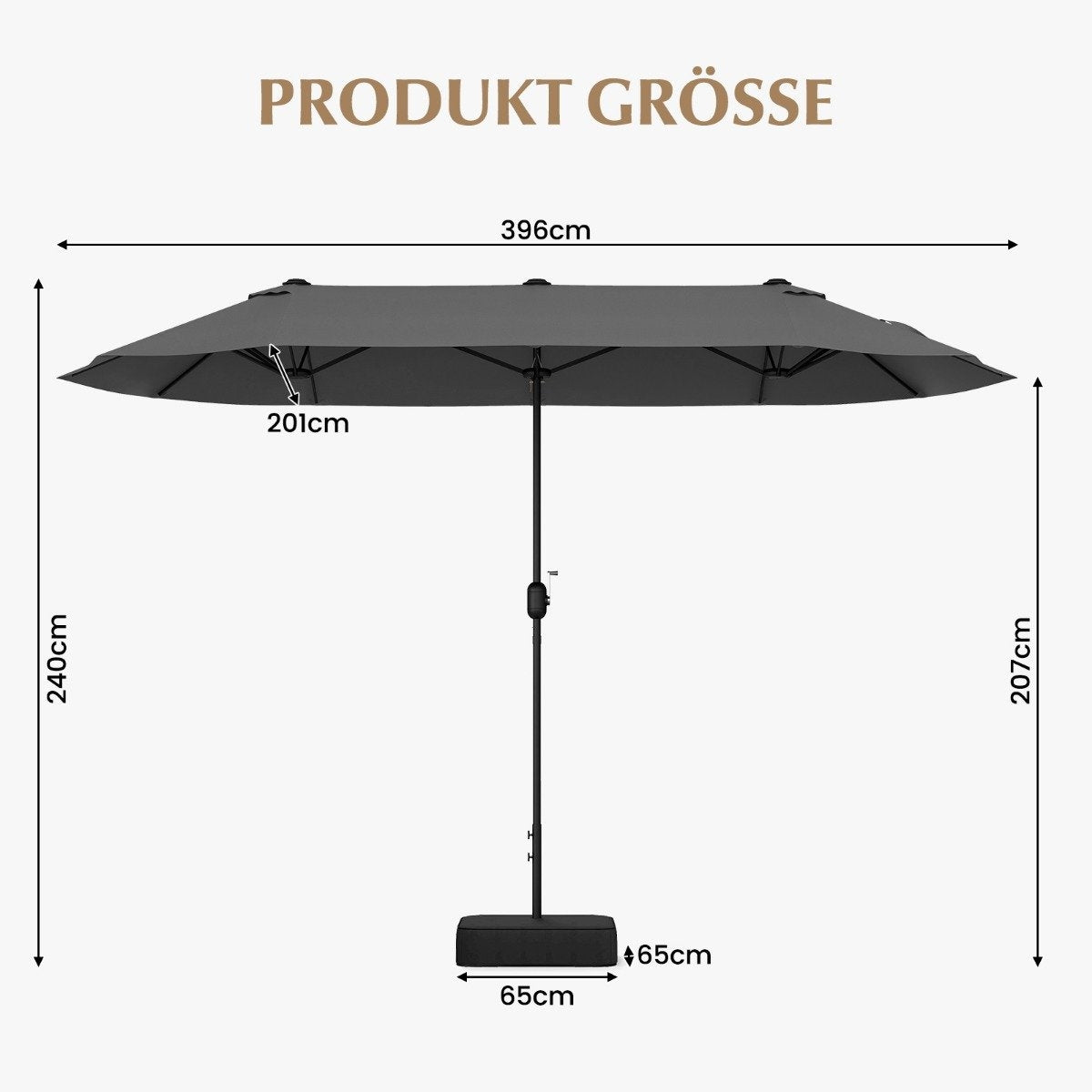 Double parasol with stand 400 x 200 cm parasol large XXL grey