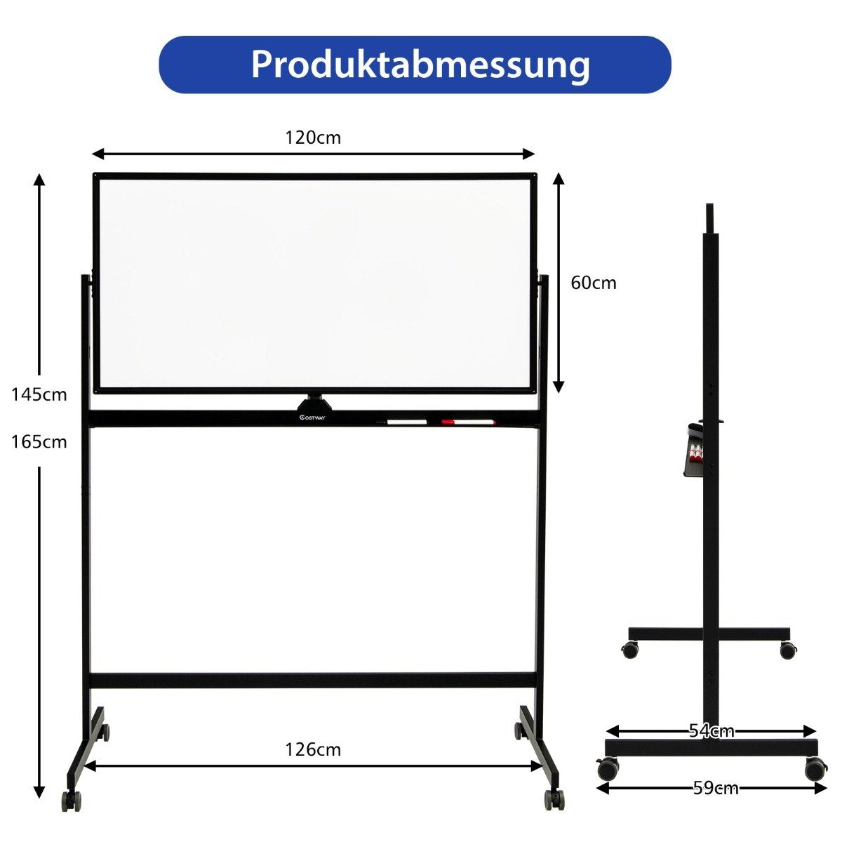 Double-sided magnetic mobile whiteboard mobile rolling whiteboard for office black