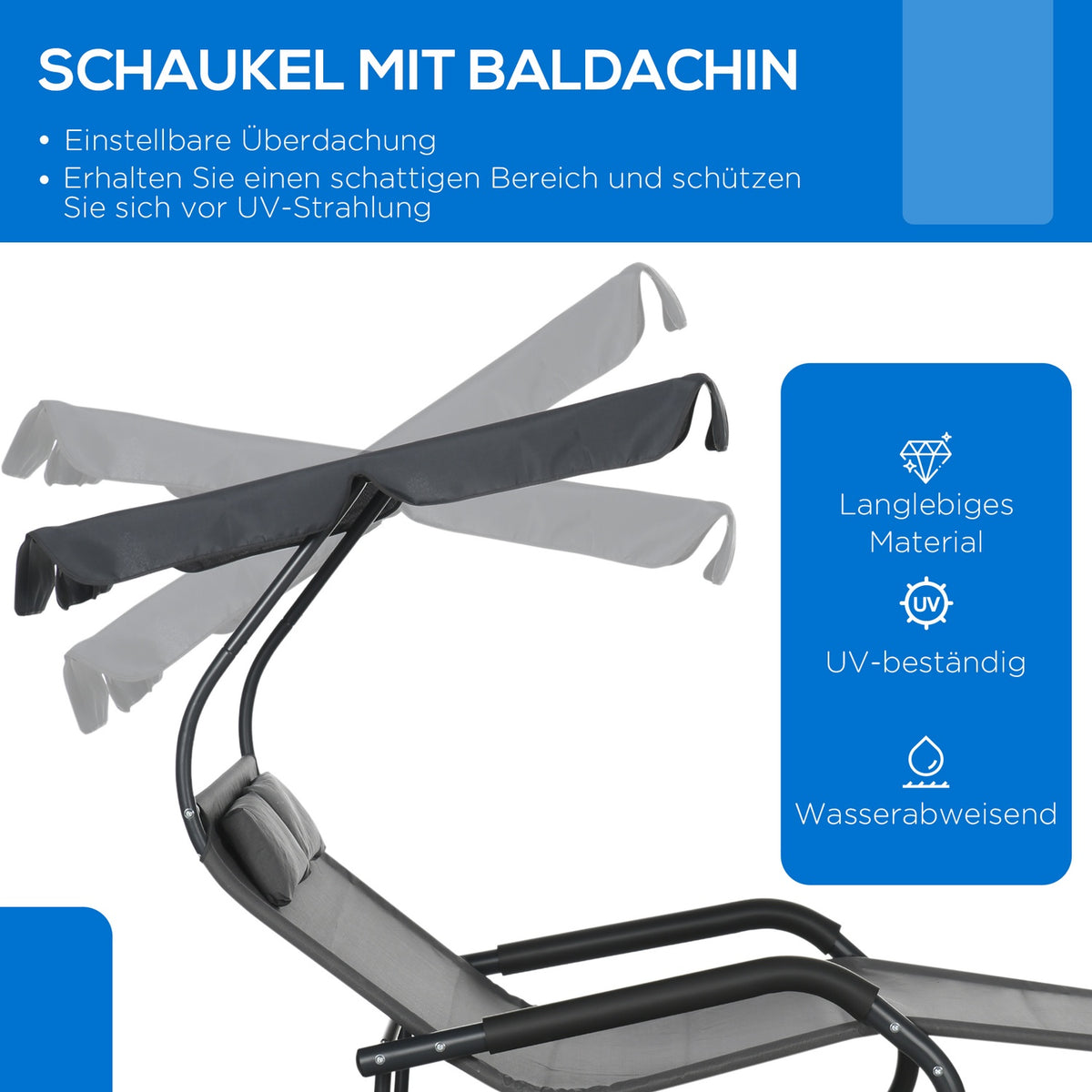Double sun lounger, swing bench with sun canopy, rocking chair with wheels, garden lounger with pillow, 220 kg load, for 2 people, dark gray, 200x139x140cm