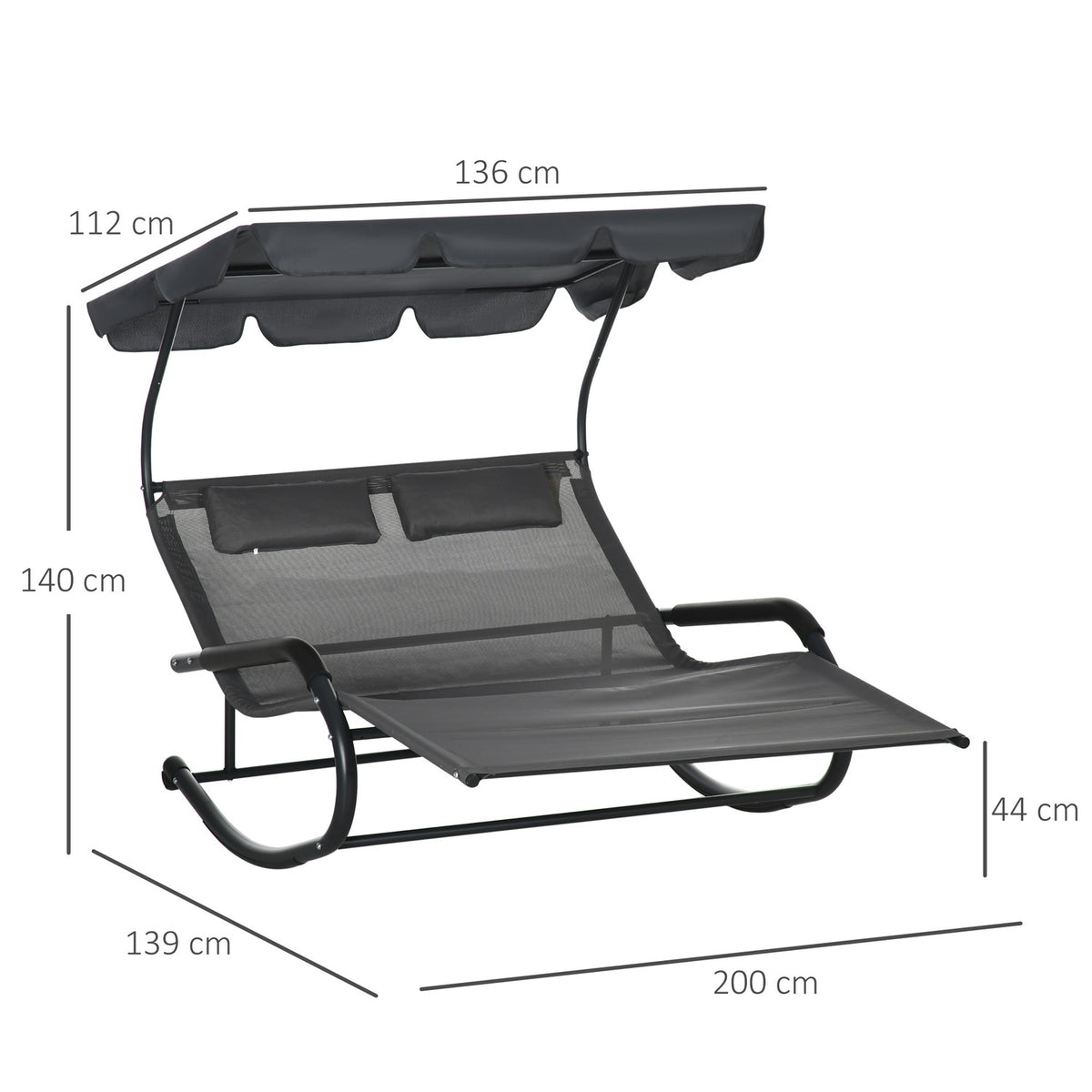 Double sun lounger, swing bench with sun canopy, rocking chair with wheels, garden lounger with pillow, 220 kg load, for 2 people, dark gray, 200x139x140cm