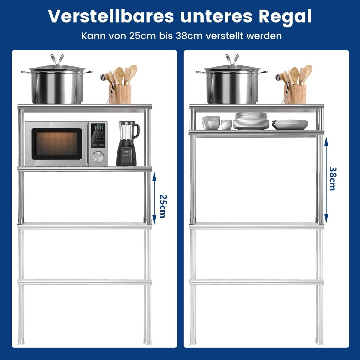 Double-tier overshelf with adjustable lower shelf multi-purpose shelf silver