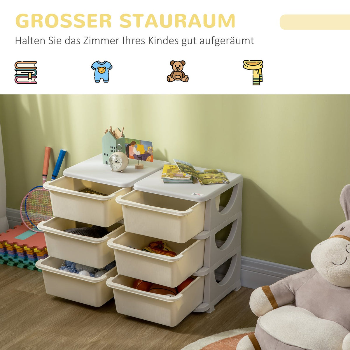 Drawer Cabinet For Children Storage Boxes With 6 Levels, Toy Box Toy Organizer Children'S Furniture For 3-6 Years Children Cream