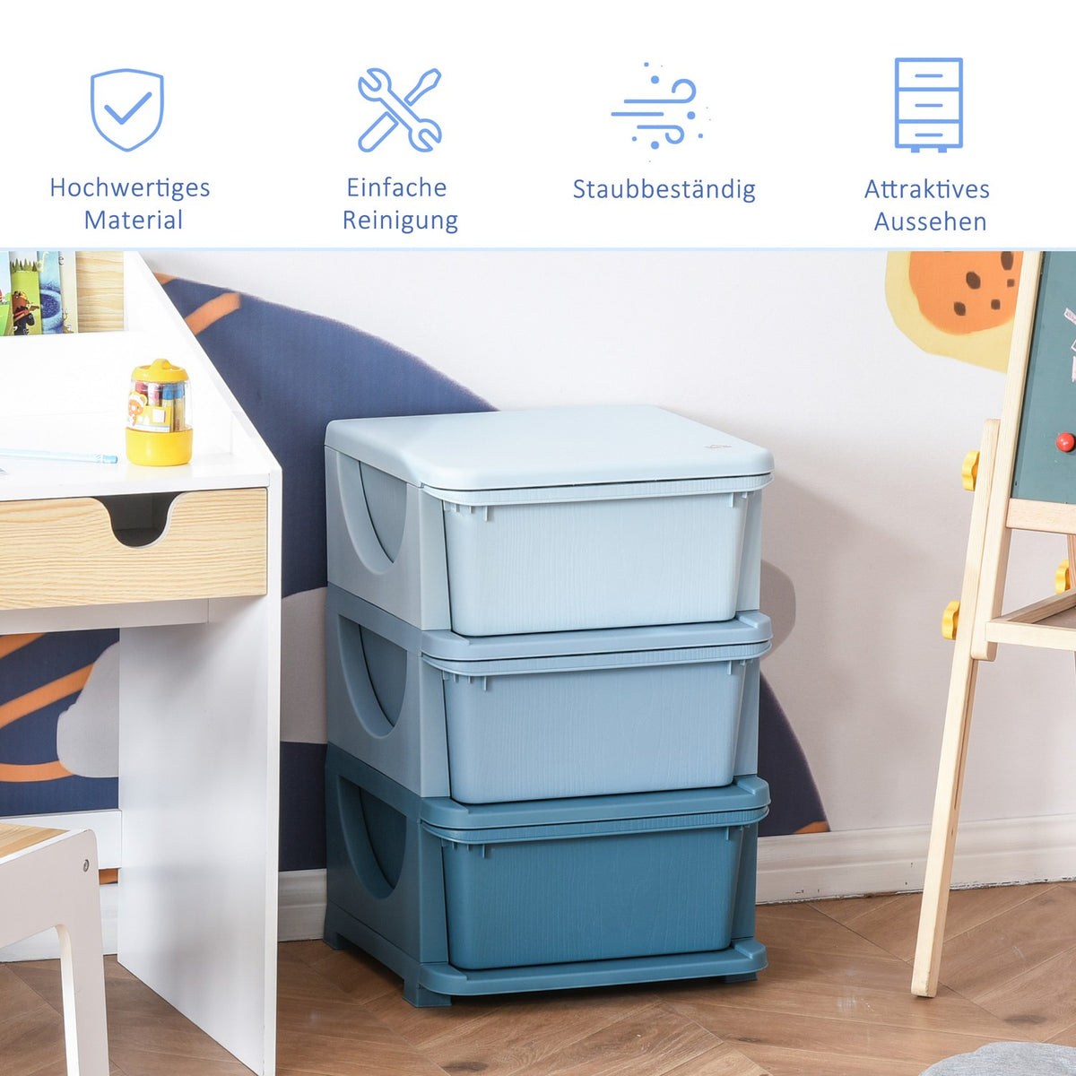 Drawer Cabinet For Children With Storage Space And Storage Boxes, Blue, For 3-6 Years, 37X37X56.5Cm