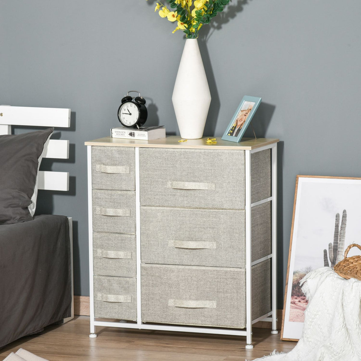 Drawer Cabinet Practical Storage Cabinet With 7 Foldable Fabric Drawers, Non-Woven Fabric, Space Saving, Gray, 63.5X30X71Cm