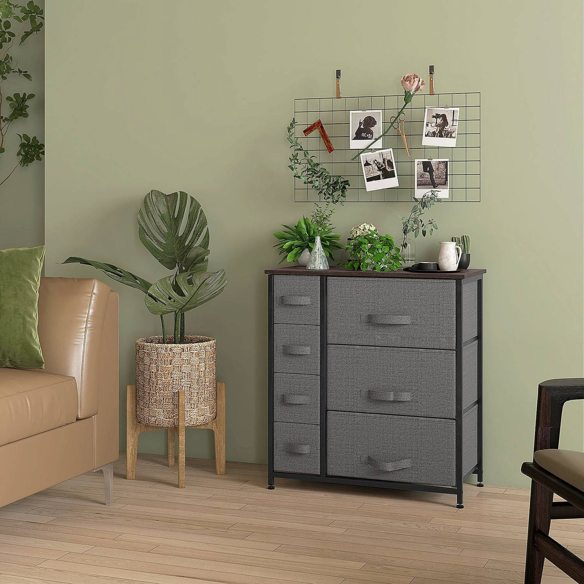 Drawer Cabinet Storage Cabinet 7 Foldable Fabric Drawers Metal Frame Wood Look Non-Woven Fabric Gray 63.5X30X71Cm