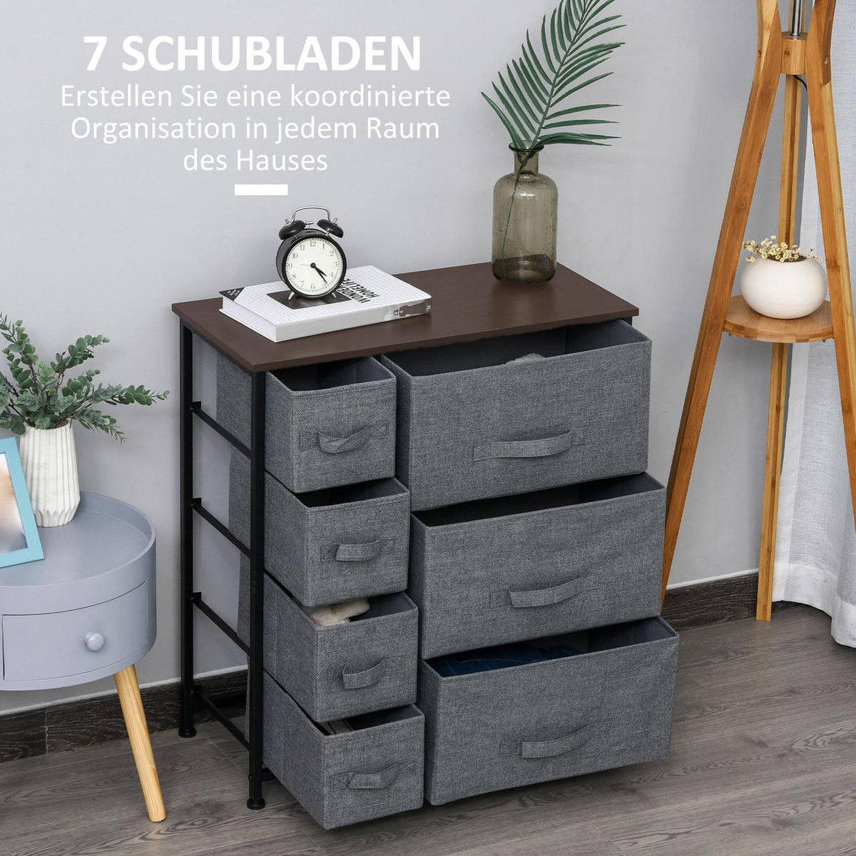 Drawer Cabinet Storage Cabinet 7 Foldable Fabric Drawers Metal Frame Wood Look Non-Woven Fabric Gray 63.5X30X71Cm