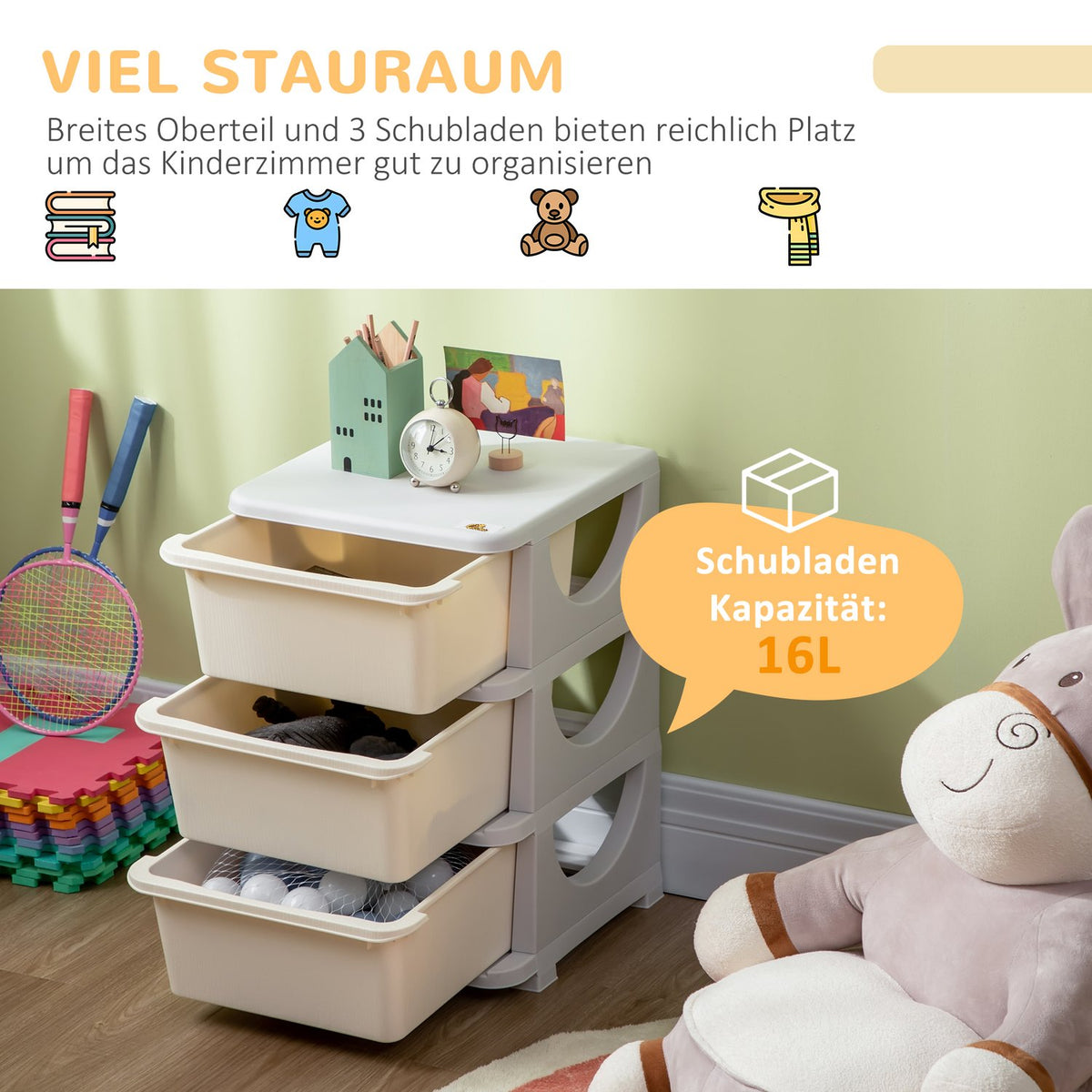 Drawer cabinet for children with storage space, storage boxes, toy organizer, toy box, three levels for children's rooms, 3-6 years, children's furniture, cream white, 37 x 37 x 56.5 cm