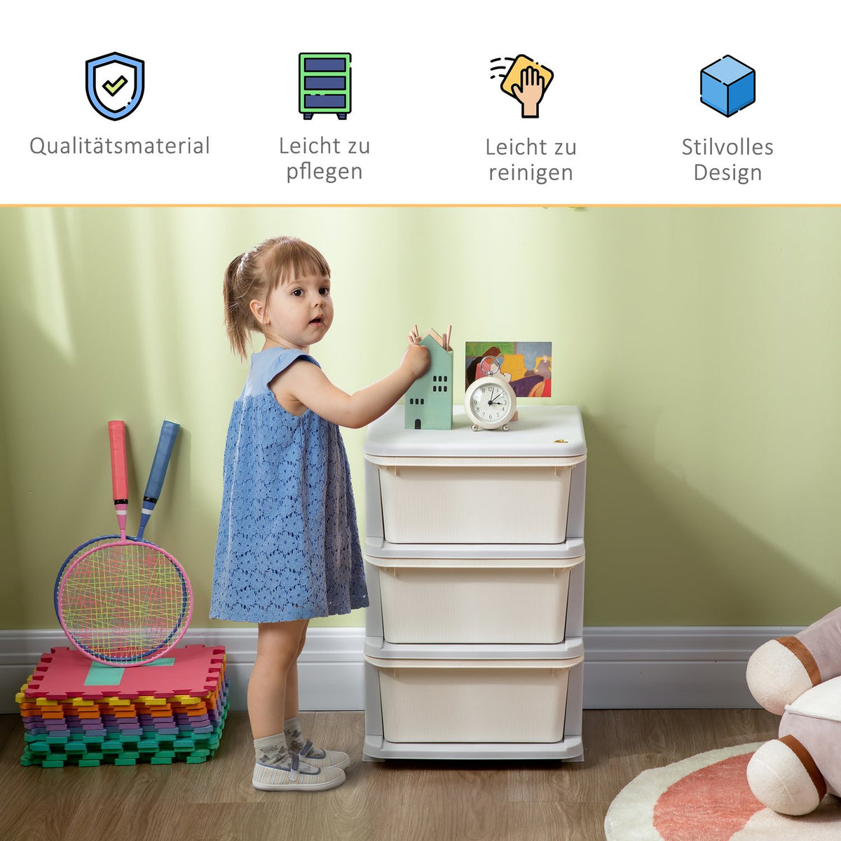 Drawer cabinet for children with storage space, storage boxes, toy organizer, toy box, three levels for children's rooms, 3-6 years, children's furniture, cream white, 37 x 37 x 56.5 cm