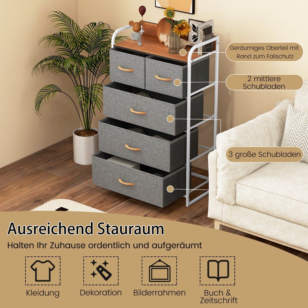 Drawer cabinet with 5 fabric drawers & steel frame & wooden surface chest of drawers gray