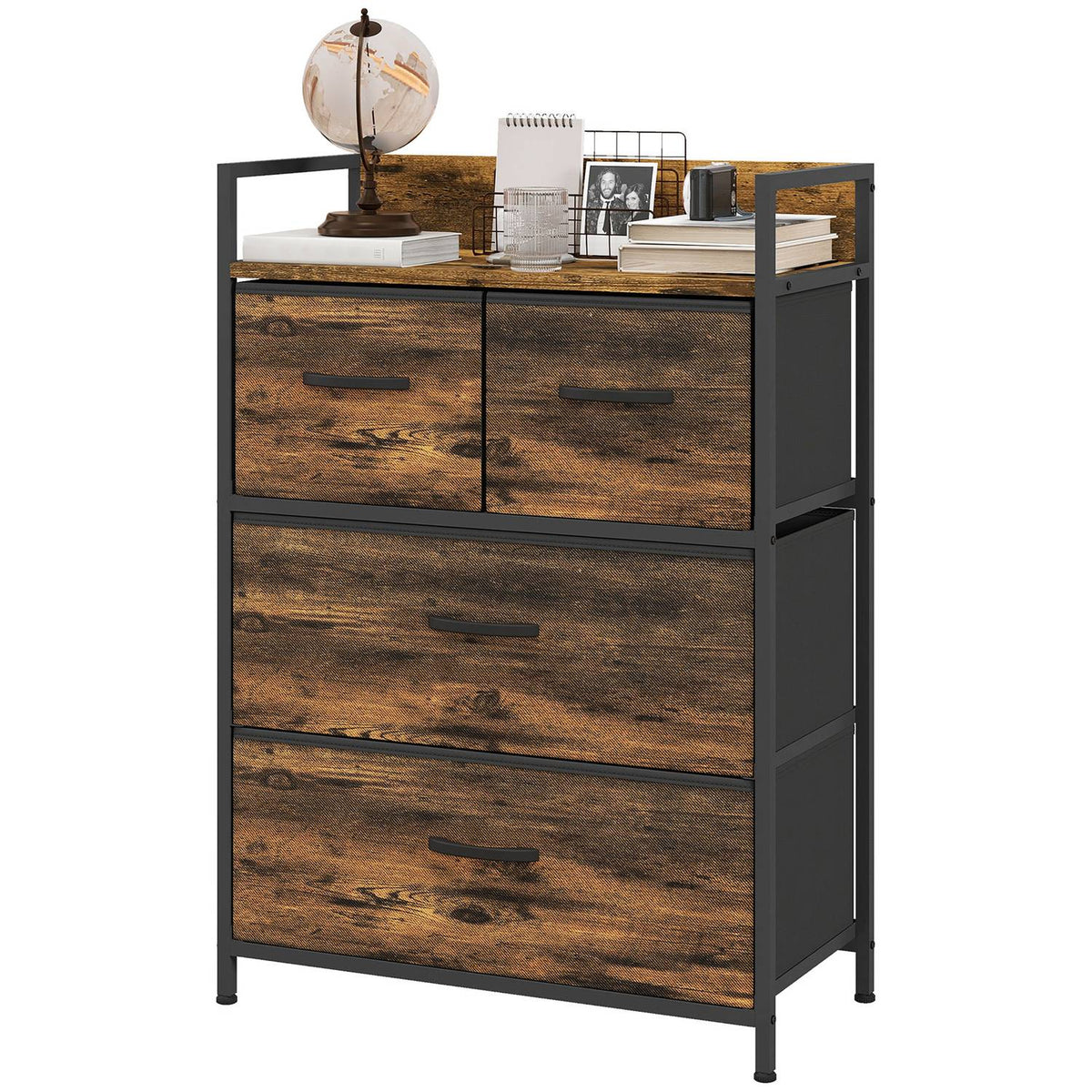 Dresser 4 Foldable Fabric Drawers Shelf Handle Storage Cabinet Industrial Design Steel Frame Rustic Brown