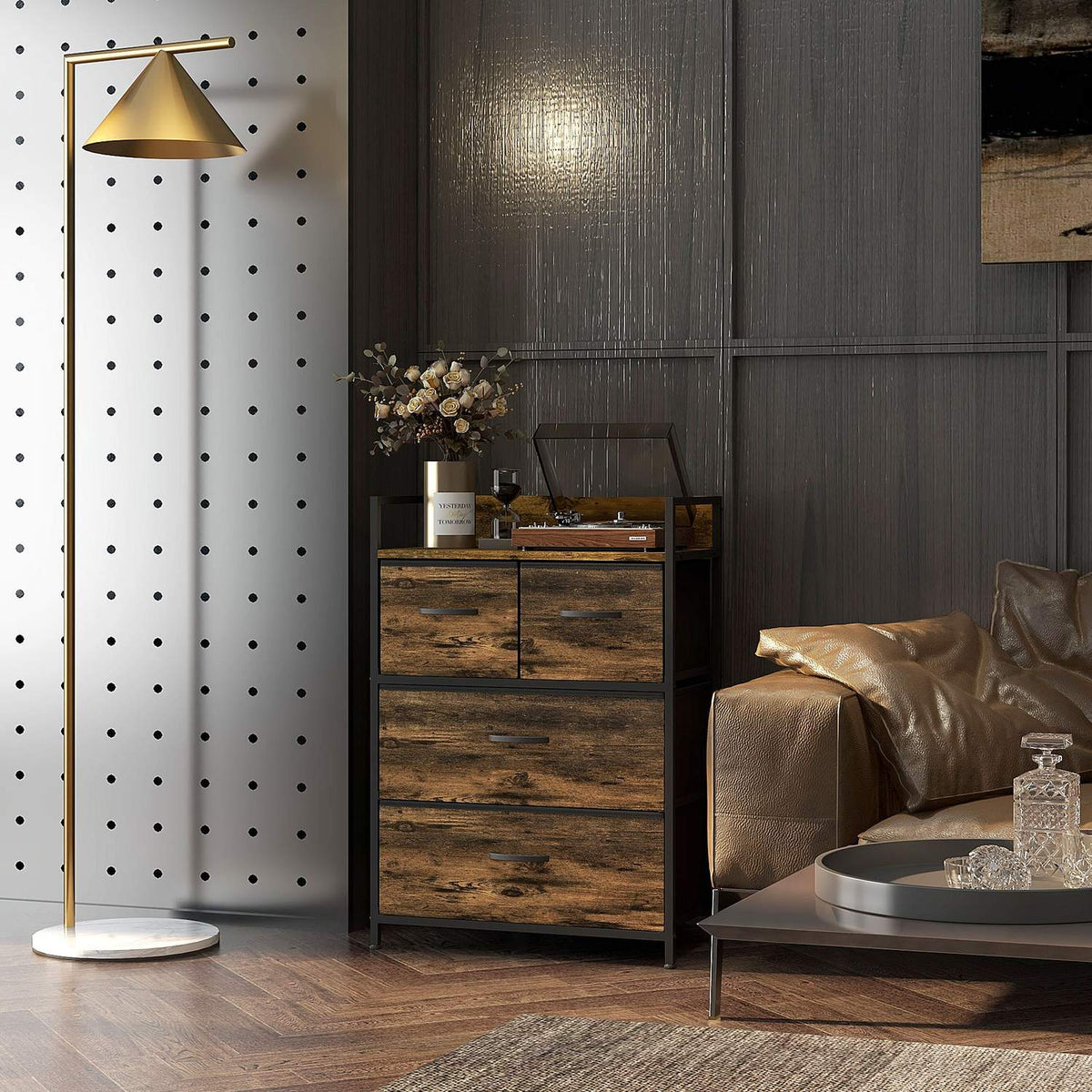 Dresser 4 Foldable Fabric Drawers Shelf Handle Storage Cabinet Industrial Design Steel Frame Rustic Brown