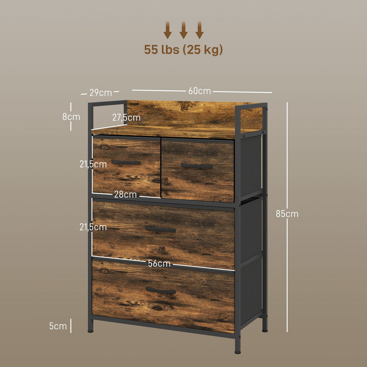 Dresser 4 Foldable Fabric Drawers Shelf Handle Storage Cabinet Industrial Design Steel Frame Rustic Brown