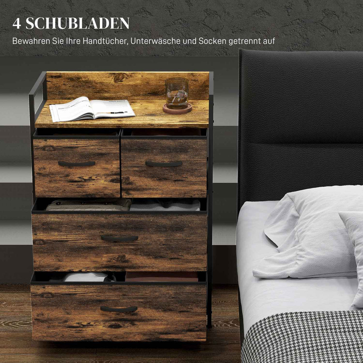 Dresser 4 Foldable Fabric Drawers Shelf Handle Storage Cabinet Industrial Design Steel Frame Rustic Brown