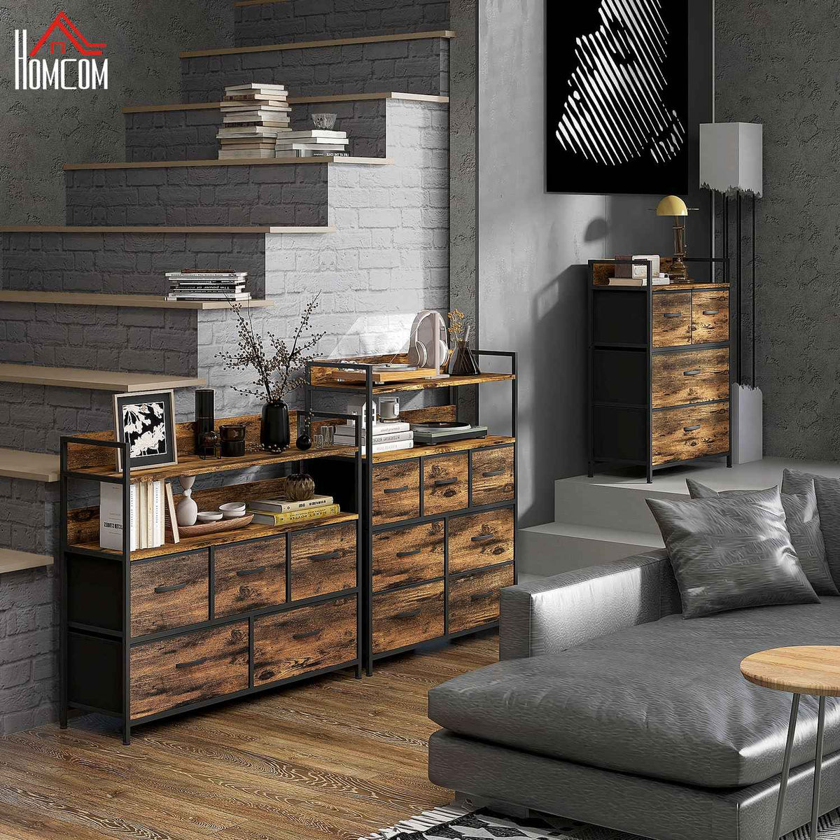 Dresser 4 Foldable Fabric Drawers Shelf Handle Storage Cabinet Industrial Design Steel Frame Rustic Brown