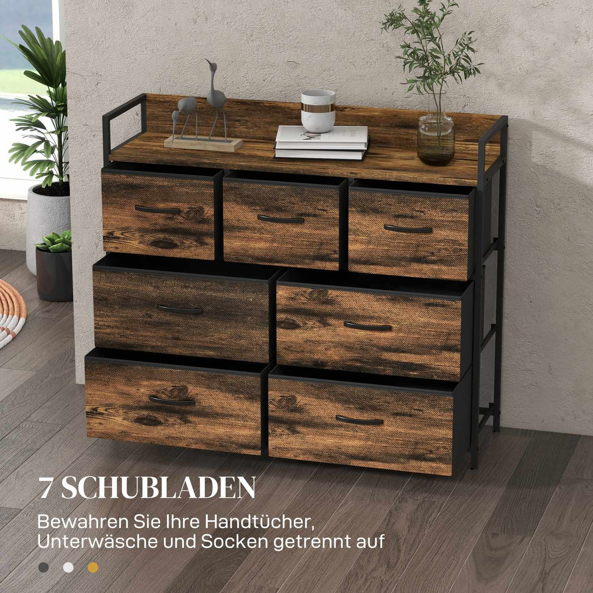 Dresser Sideboard 7 Fabric Drawers Handle Shelf Storage Cabinet Steel Frame Industrial Style Bedroom Rustic Brown