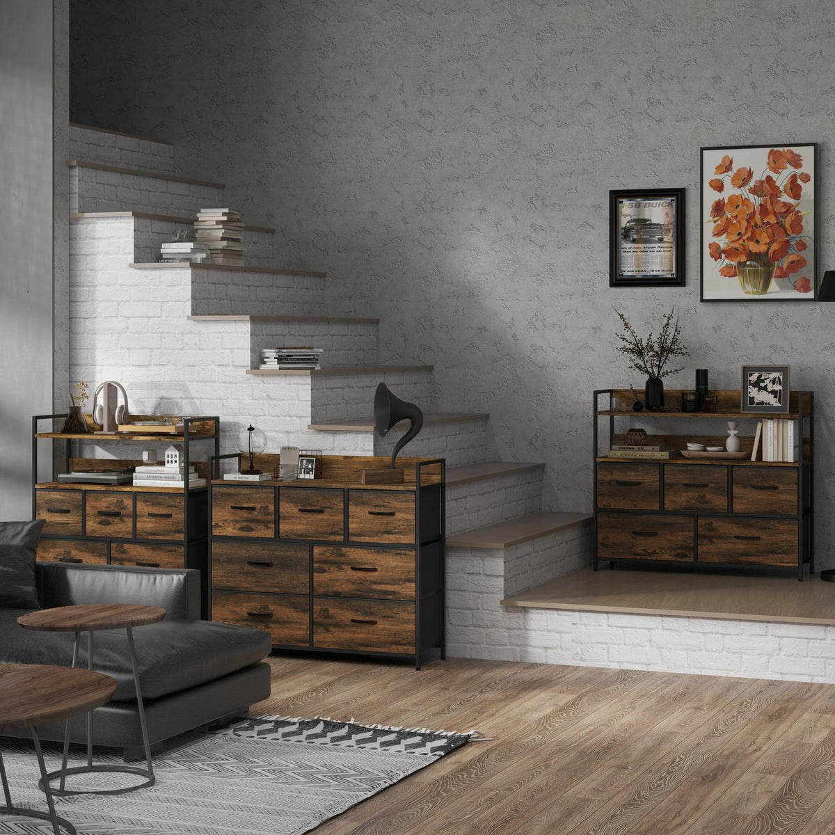 Dresser Sideboard 7 Fabric Drawers Handle Shelf Storage Cabinet Steel Frame Industrial Style Bedroom Rustic Brown