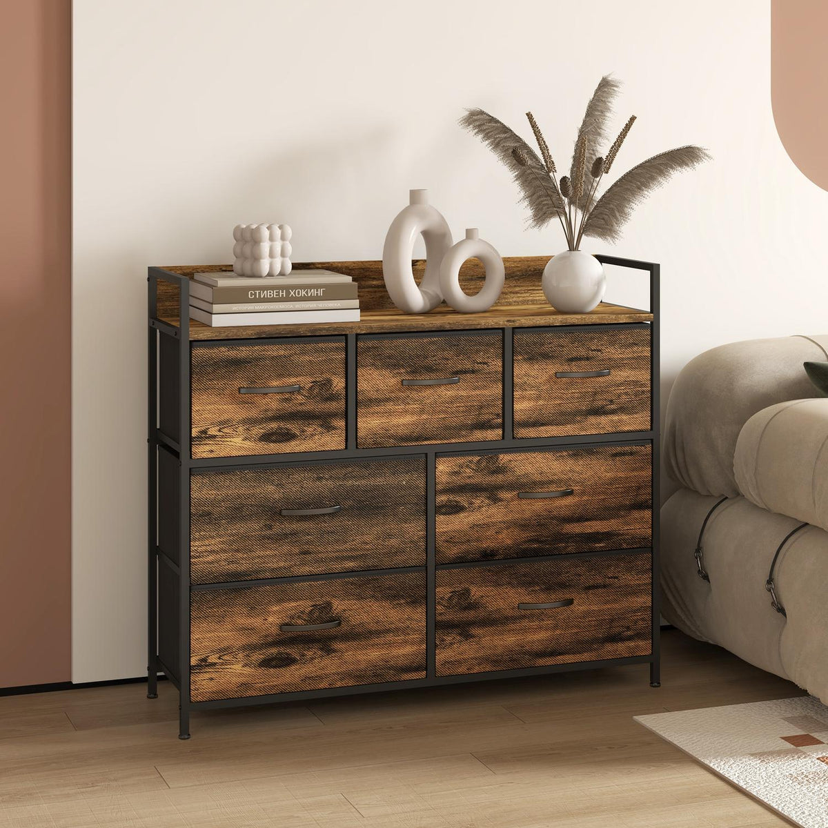 Dresser Sideboard 7 Fabric Drawers Handle Shelf Storage Cabinet Steel Frame Industrial Style Bedroom Rustic Brown
