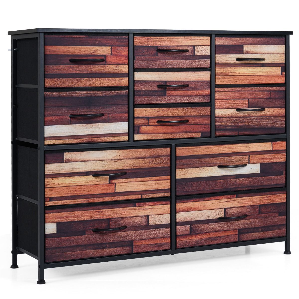 Dresser with 11 Fabric Drawers, Metal Frame, Wood Top