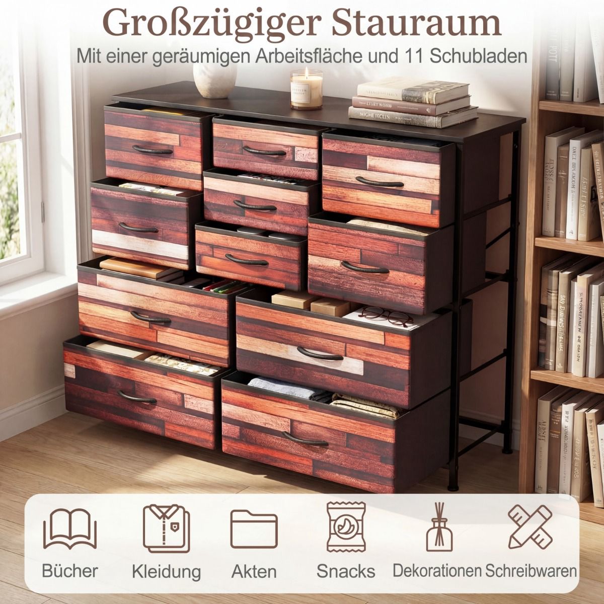Dresser with 11 Fabric Drawers, Metal Frame, Wood Top