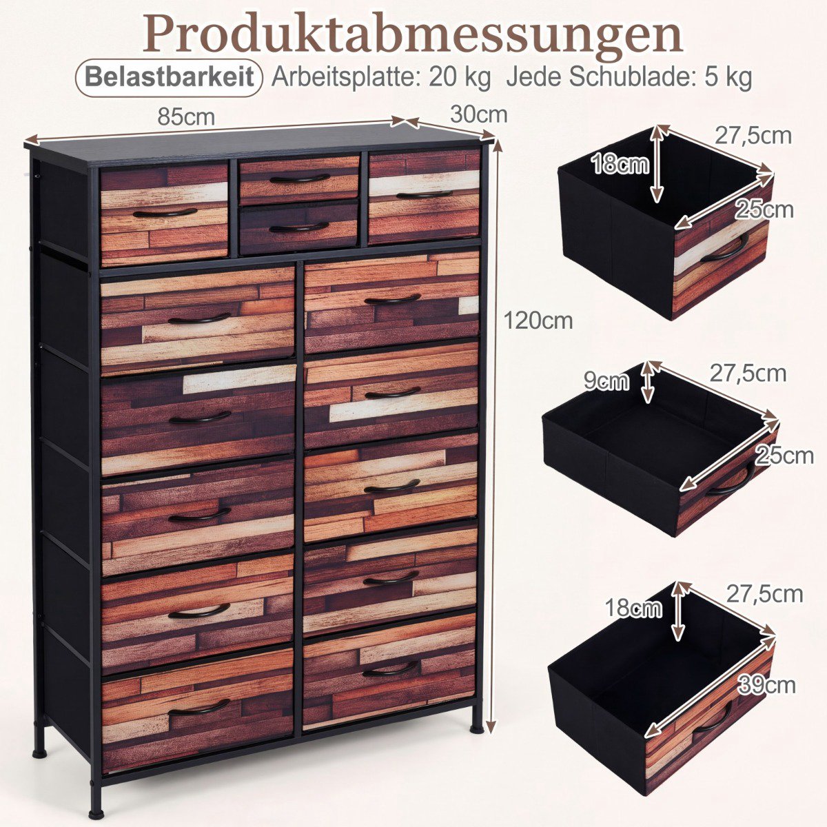 Dresser with 14 Fabric Drawers, Metal Frame, Wood Top